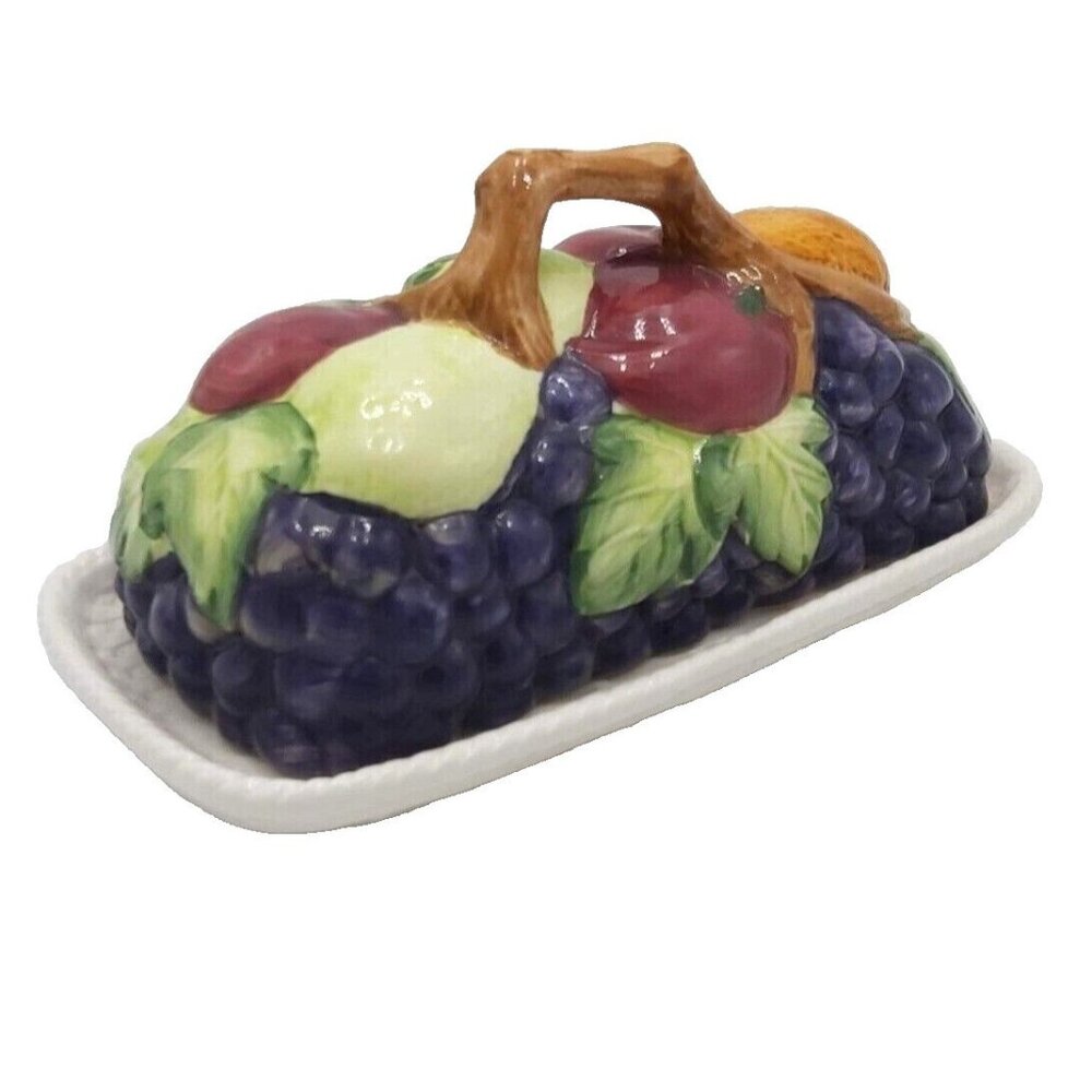 Majolica Style Fruit Medley Butter Dish 8 x 4.5 in Ceramic Hand Painted Vintage